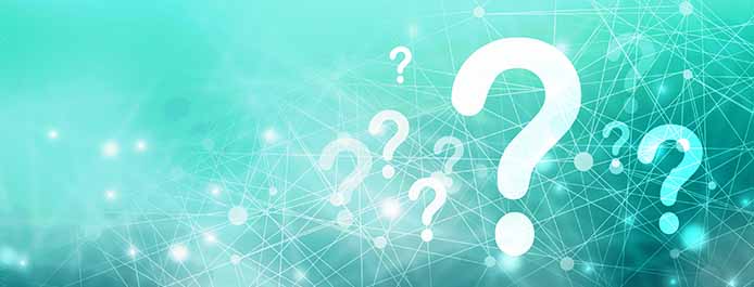 A light turquoise background with several question marks.
